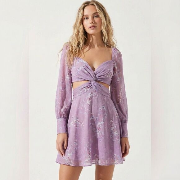 Bardot Dresses & Skirts - NWT Bardot Purple Floral Cutout Mini Dress 10 Boho Romantic Wedding Guest Party